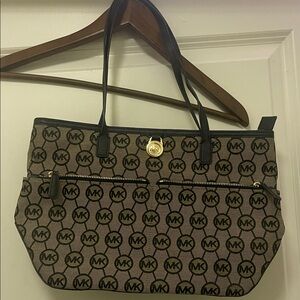 Michael Kors Tan and Black MK Logo Tote with Gold Accent